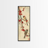 Skinny Art Sparrows And Cherry Blossoms In Japanese Style Wood Block Print Gentle Color Palette On Framed Canvas Print, Tall Art Ukiyo-e