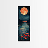 Skinny Art Full Moon Over Lake In Japanese Style Wood Block Print Vibrant Night Scene On Framed Canvas Print, Tall Art Ukiyo-e