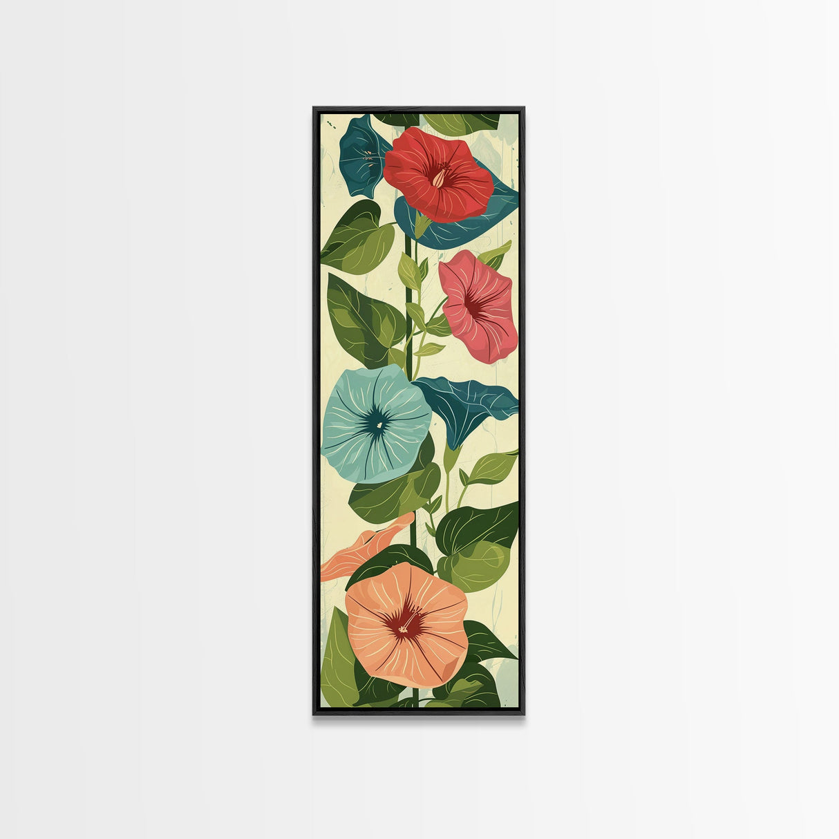 Morning Glory Flowers In Vibrant Red And Blue Shades Tall Art Skinny Art Framed Canvas Print Japanese Style Art Ukiyo-e Wood Block Print