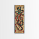 Vintage Canvas Print With Vibrant Octopus Design Ukiyo-e Wall Art Wood Block Print Tall Art Japanese Style Skinny Art
