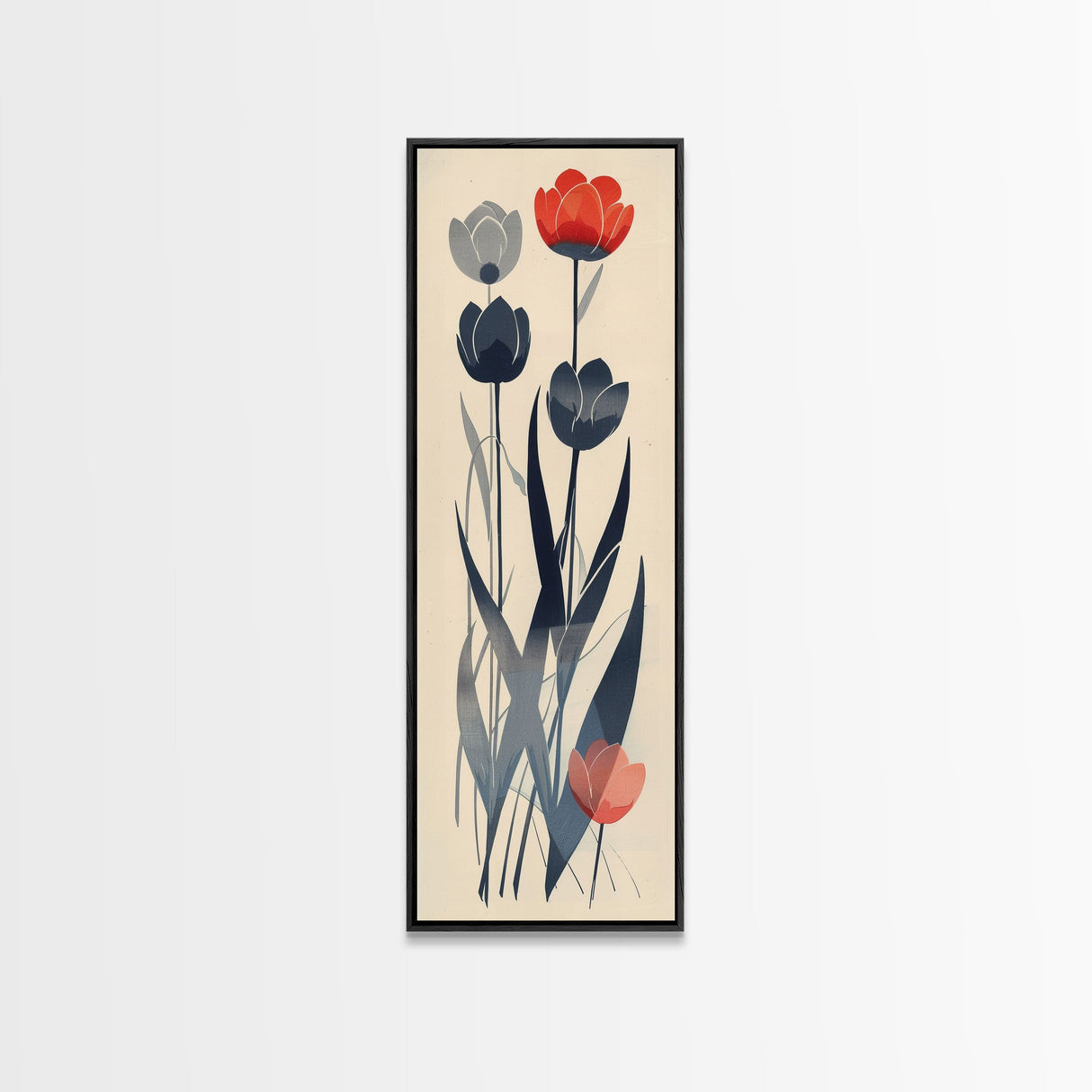 Minimalist Tulips In Red And Gray On Beige Background Framed Canvas Print Ukiyo-e Art Wood Block Print Japanese Style Skinny Art Tall Art