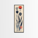 Minimalist Tulips In Red And Gray On Beige Background Framed Canvas Print Ukiyo-e Art Wood Block Print Japanese Style Skinny Art Tall Art