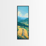 Scenic Countryside Pathway with Fields and Mountains, Skinny Framed Canvas Print for Wall Decor