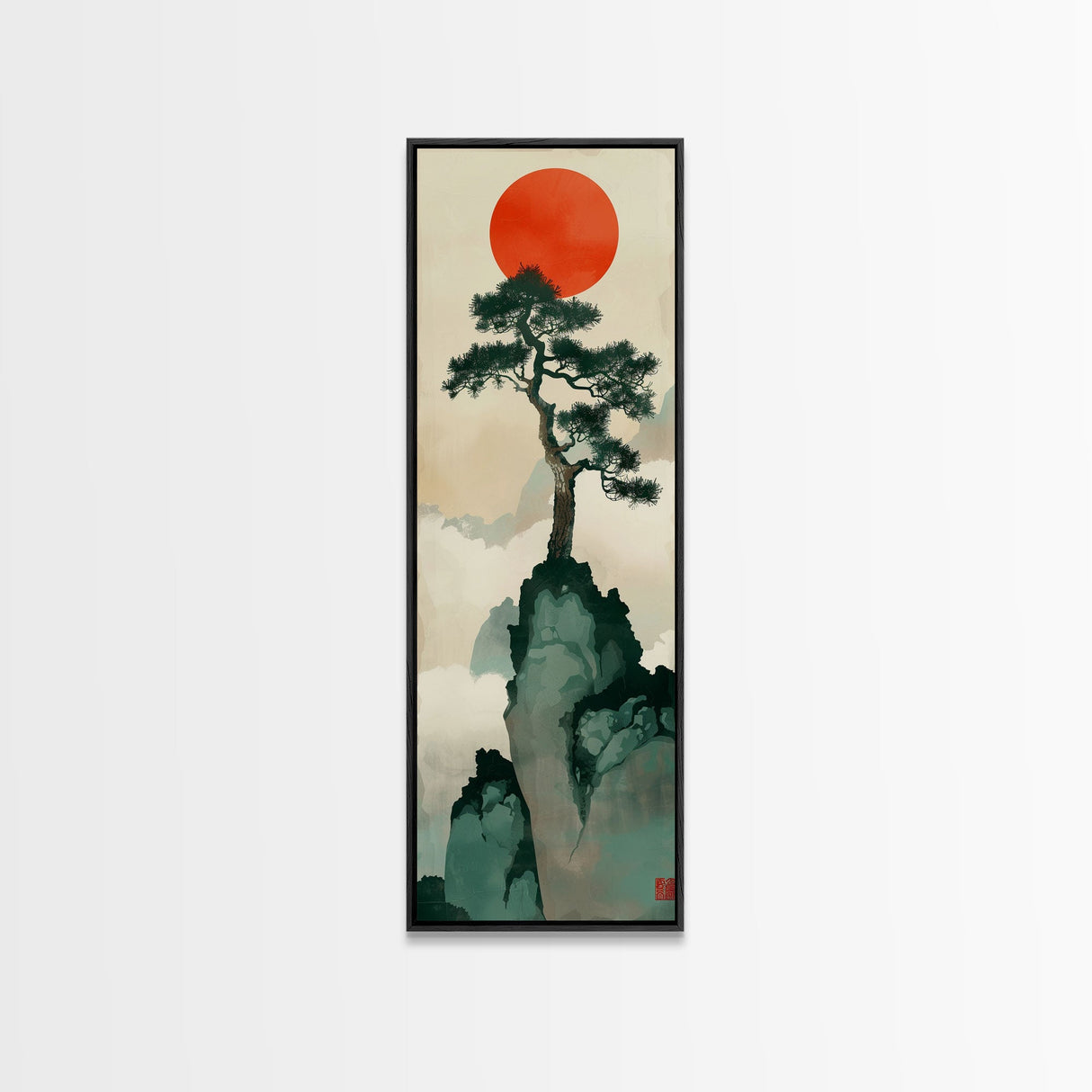 Bonsai Tree Mountain Red Sun Japanese Tall Wall Art Skinny Framed Canvas Print Ukiyo-e Style