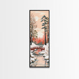 Serene Japanese Winter Landscape Highlighting A Red Bridge Snow-Covered Pines Under A Peaceful Sky Tall Framed Canvas Print Nature Scene