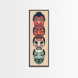 Bold Striking Japanese Kabuki Masks Vibrant Colors Depicted Traditional Style Tall Framed Canvas Print Cultural Home Decor
