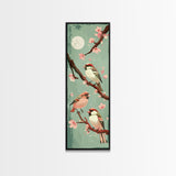 Delicate Sparrows Perched On Cherry Blossoms Under Full Moon Serene Nighttime Setting Captured Tall Framed Canvas Print Nature Scene