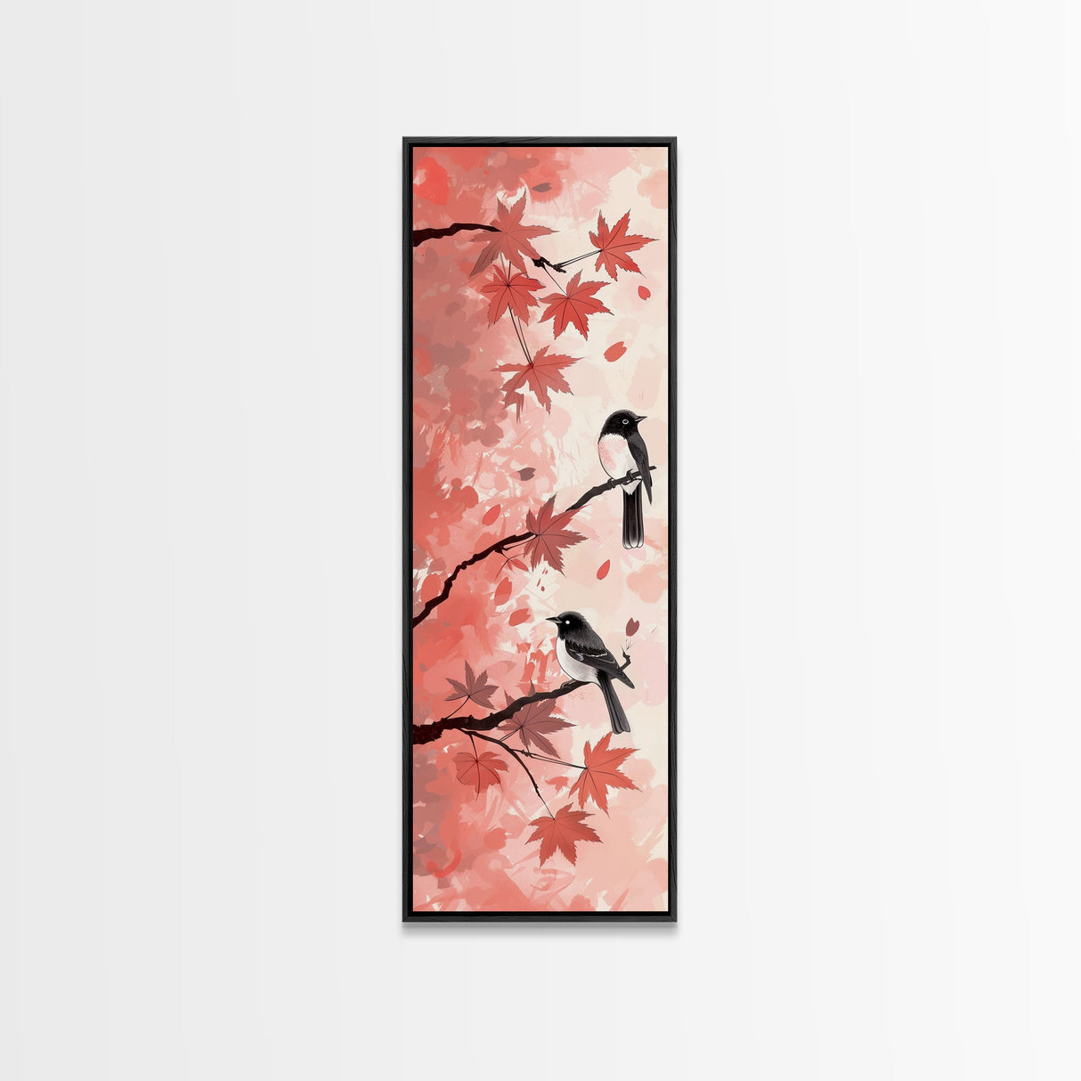 Red and Black Maple Leaves with Birds Perched on Branches Japanese Framed Canvas Print Ukiyo-e Art Skinny Tall Art