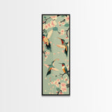 Hummingbirds And Cherry Blossoms In Japanese Style Canvas, Ukiyo-e Inspired Woodblock Art, Framed Canvas Print, Japanese Tall Skinny Wall Art, Ready To Hang