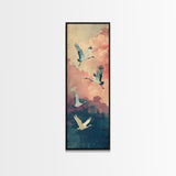 Ukiyo-e Art, Tall Art, Skinny Art, Japanese Style Art, Cranes In Flight Wood Block Print Framed Canvas Print