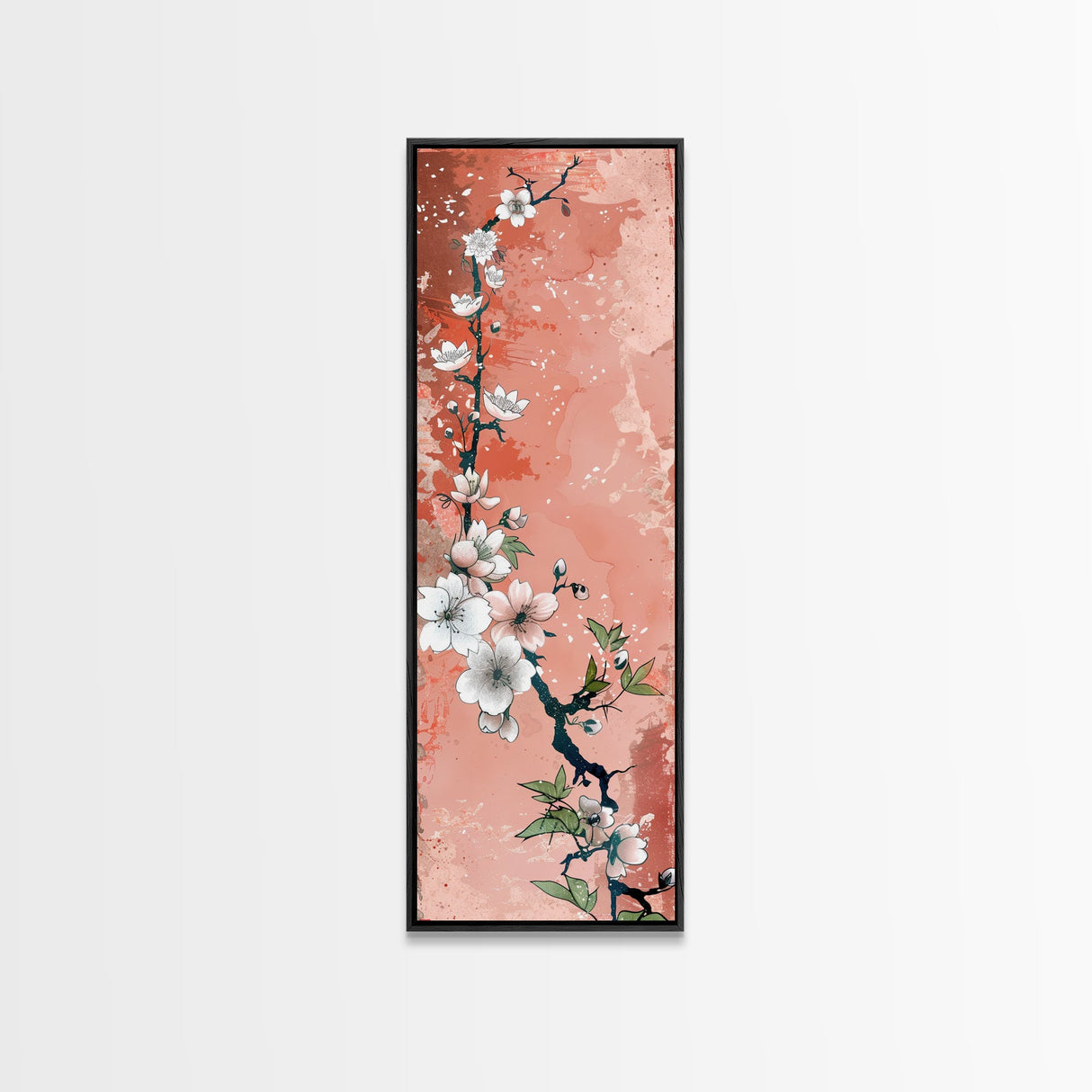 Skinny Art Tall Art Cherry Blossoms Wood Block Print Japanese Style Art With Delicate Branches On Soft Pink Background Framed Canvas Print