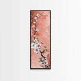 Skinny Art Tall Art Cherry Blossoms Wood Block Print Japanese Style Art With Delicate Branches On Soft Pink Background Framed Canvas Print