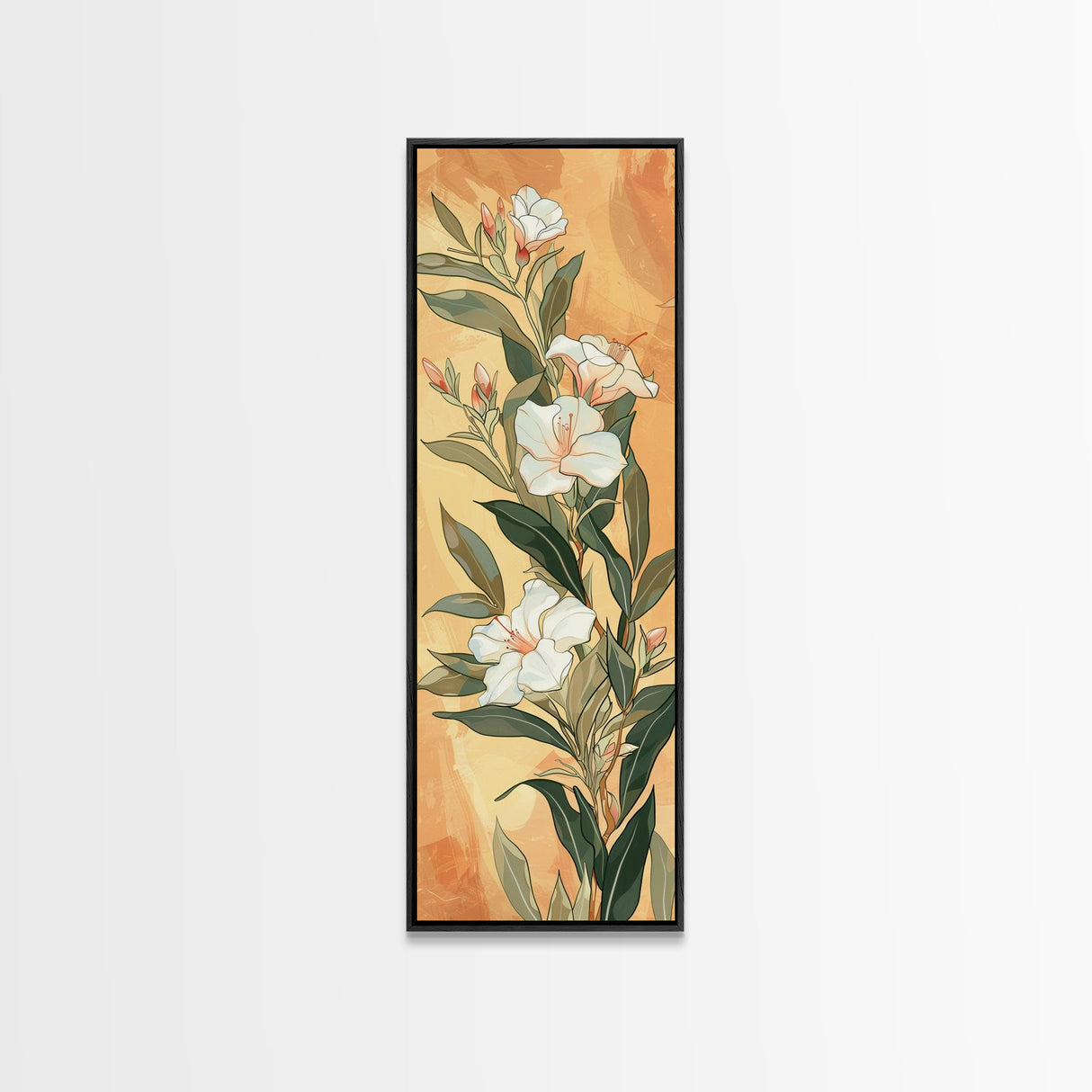 Skinny Art Tall Art Elegant White Flowers Wood Block Print Japanese Style Art Delicate Blooms On Soft Background Framed Canvas Print