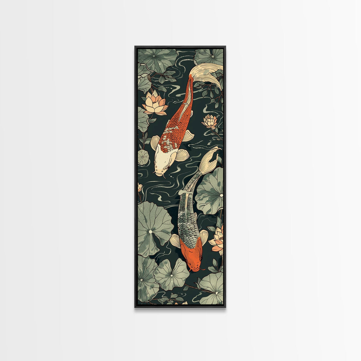 Koi Fish Swimming Gracefully Among Lotus Flowers – Framed Canvas Print Highlighting Skinny Art And Tall Art In Ukiyo-E Art And Japanese Style Art