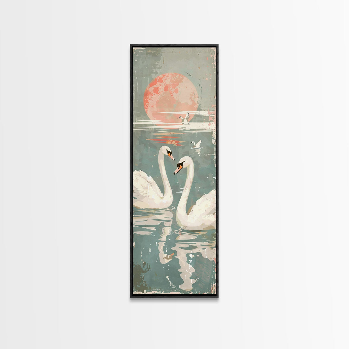 Graceful Swans With Peaceful Lake And Reflecting Sun Ukiyo-e Wood Block Skinny Tall Japanese Style Art Framed Canvas Print