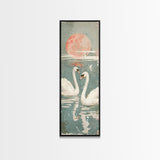 Graceful Swans With Peaceful Lake And Reflecting Sun Ukiyo-e Wood Block Skinny Tall Japanese Style Art Framed Canvas Print