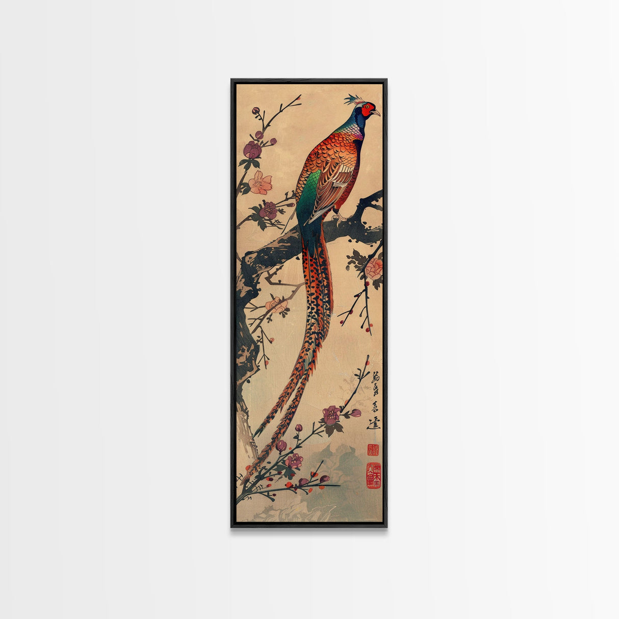 Vibrant Pheasant Perched On Flowering Branch For Traditional Japanese Art Wall Decor Framed Canvas Print