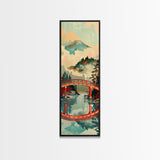 Stunning Mount Fuji With Red Bridge Reflection, Skinny Tall Framed Canvas Print, Feng Shui-Inspired Japanese Style Art For Wall Art