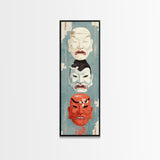 Japanese Masks In A Vertical Display - Skinny Art Tall Art Framed Canvas Print Japanese Style Art Ukiyo-e Art