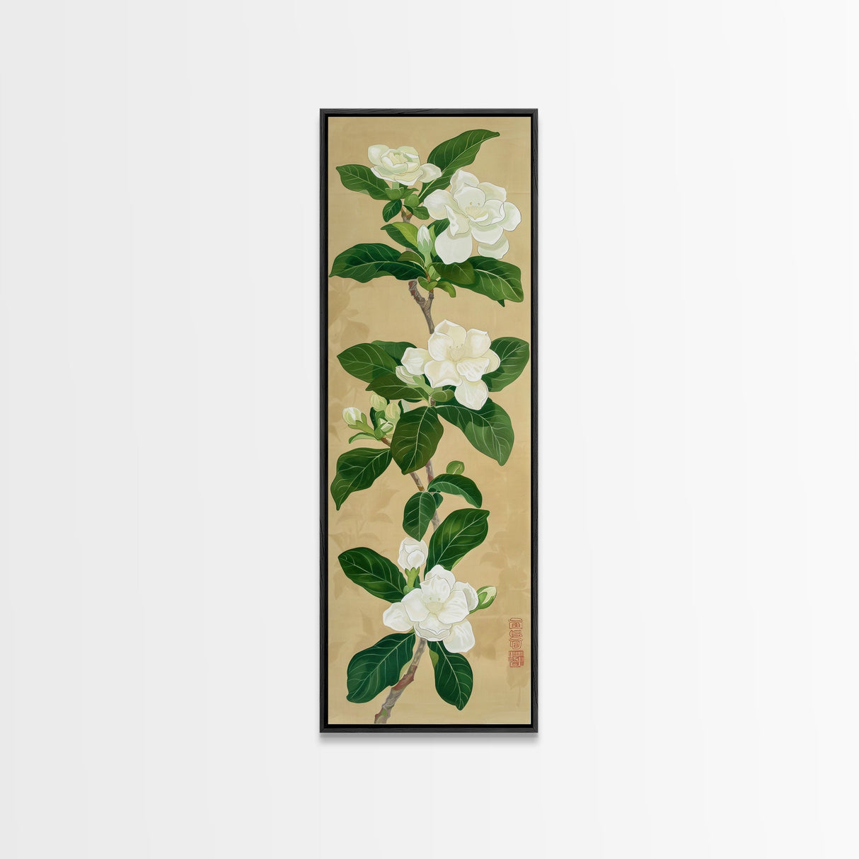 Magnolia Flowers On A Branch - Skinny Art Tall Art Framed Canvas Print Japanese Style Art Ukiyo-e Art