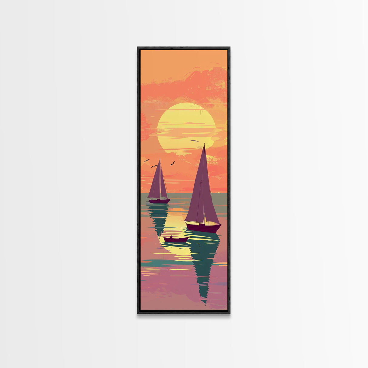 Sailing Boats In The Sunset Over Serene Waters In Japanese Style Ukiyo-e Art Framed Canvas Print Skinny Art Tall Art