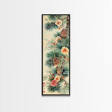 Pine Tree Branches With Blossoms And Pine Cones In Japanese Style Ukiyo-e Art Framed Canvas Print Skinny Art Tall Art