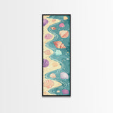 Shells On Shoreline Canvas In Ukiyo-e Style, Japanese Woodblock Print, Framed Canvas Print, Tall Skinny Japanese Wall Art, Ready To Hang