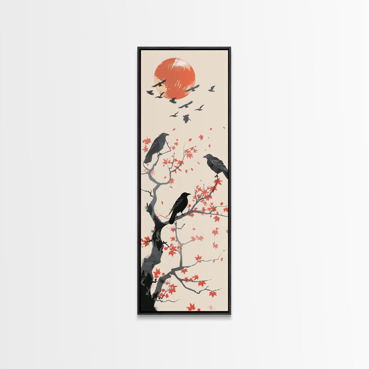 Crows On Bare Tree Branches Against Red Sun Skinny Art Wood Block Print Japanese Style Art Framed Canvas Print Tall Art Ukiyo-e Art
