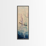 Sailboats On Calm Sea Canvas In Japanese Ukiyo-e Style, Traditional Woodblock Print, Framed Canvas Print, Tall Skinny Japanese Wall Art, Ready To Hang