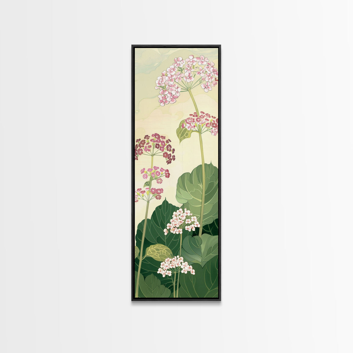 Towering Flower Stalks with Soft Green Leaves against a Pale Background - Skinny Art, Japanese Wall Decor, Framed Canvas Print, Ukiyo-e Style