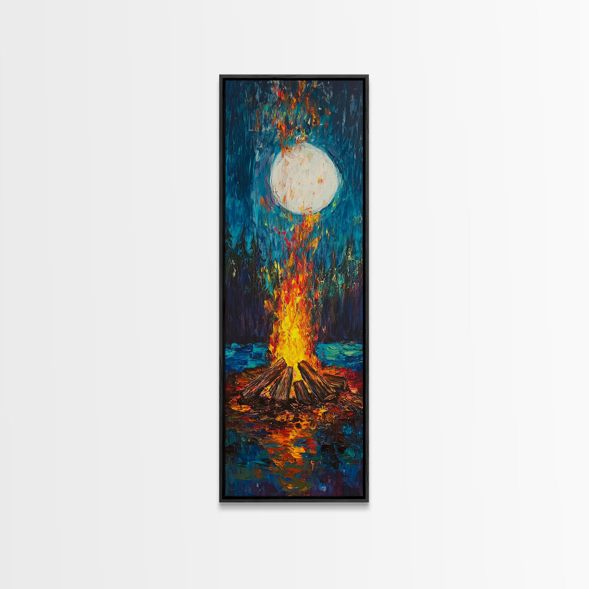 Moonlit Campfire Framed Canvas Print moody art mountain painting above couch art rustic wall art tall narrow art