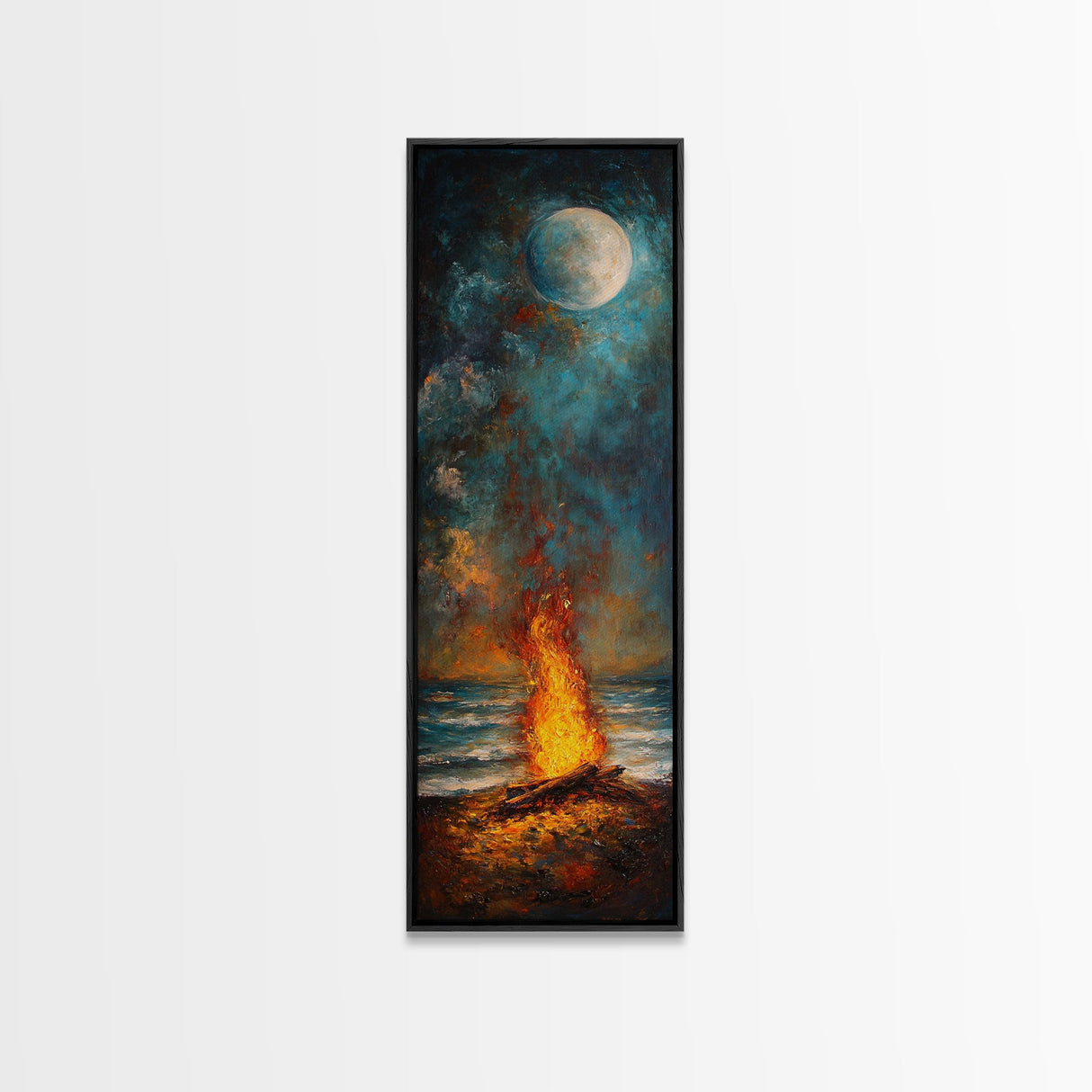 Moonlit Bonfire Canvas Print Rustic Wall Art Coastal Landscape Art Above Sofa Art Tall Narrow Art Nautical Decor Moody Art