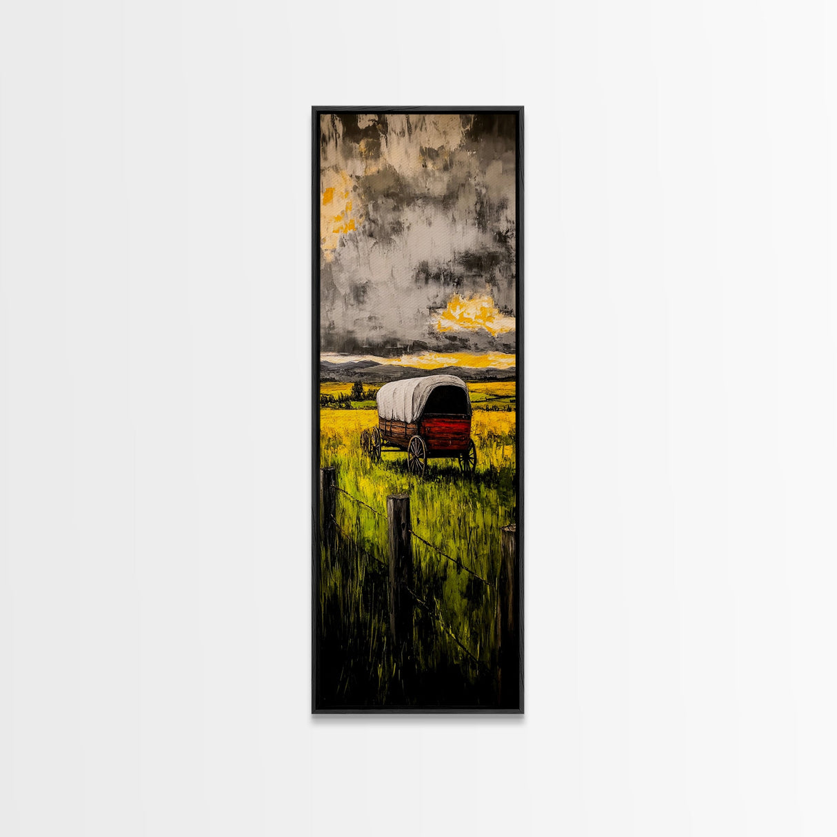 Scenic Prairie Wagon Art Framed Canvas Print, Rustic Decor, Farmhouse Art, Moody Art, Above Couch Art, Extra Wide Art