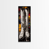 Black and White Cowboy Boots Framed Canvas Print, Rustic Wall Art, Western Art, Moody Art, Vintage Horse Art, Extra Wide Art