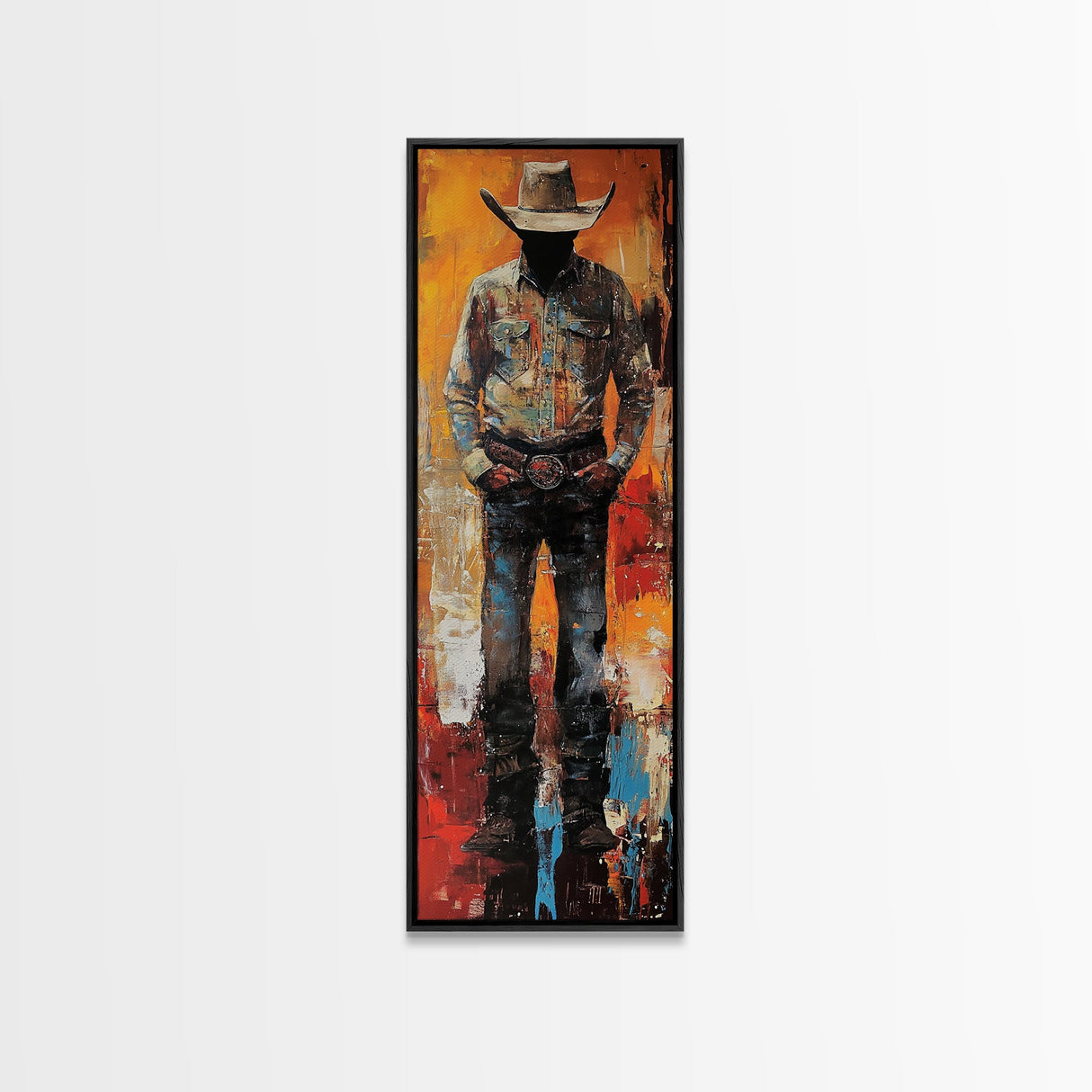 Lone Cowboy Sunset Framed Canvas Print southwest wall art extra wide art rustic wall art pink orange wall art bold decor cowboy art