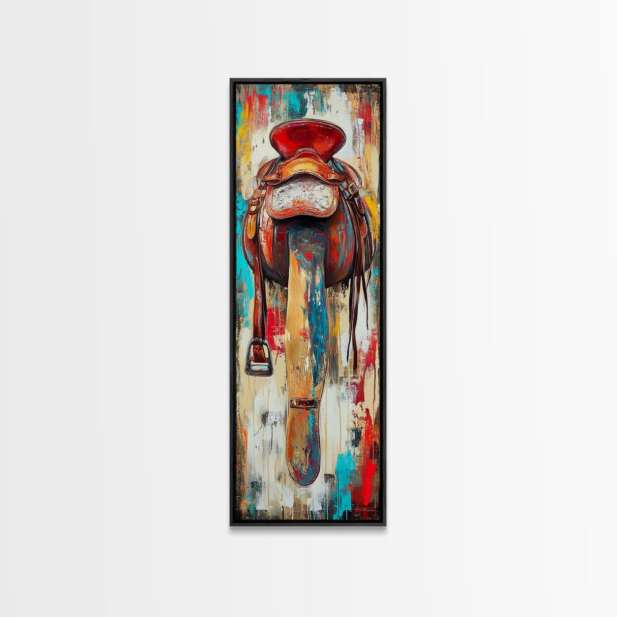 Rustic Saddle Painting Canvas Print Farmhouse Wall Art Moody Art Rustic Decor Southwest Wall Art Tall Narrow Art