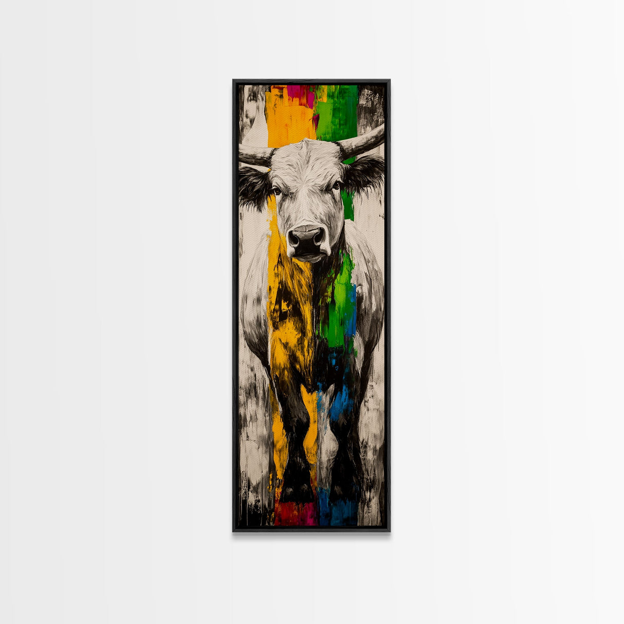 Colorful Bull Art Framed Canvas Print bull and bear art rustic decor farmhouse art southwest wall art geometric wall art extra wide art