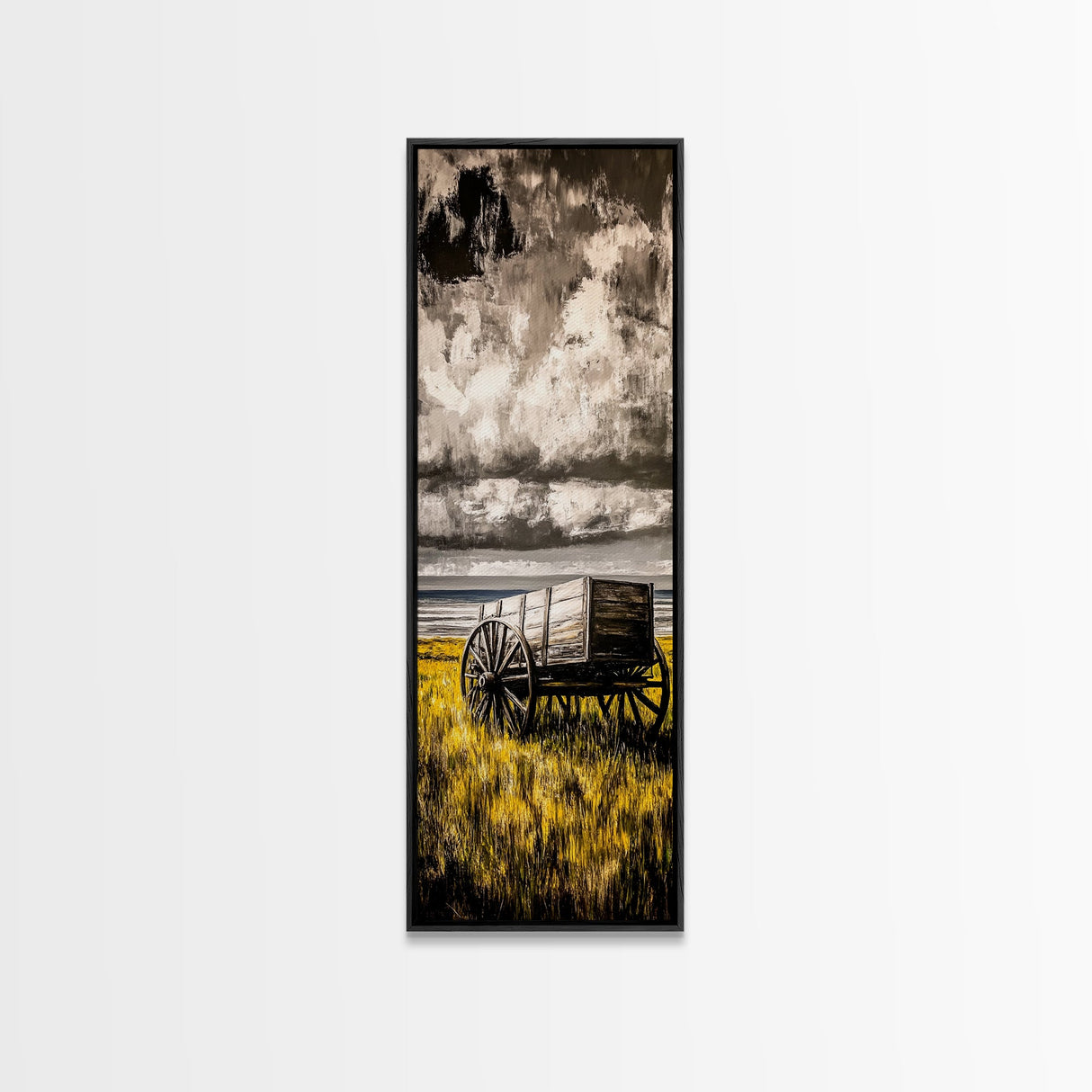 Black and White Wagon Canvas Print farmhouse art, rustic wall art, barn landscape oil painting, extra wide art, southwest wall art