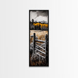 Rustic Mountain Fence Framed Canvas Print, Birch Tree Art, Fall Landscape Painting, Moody Art, Farmhouse Art, Above Sofa Art