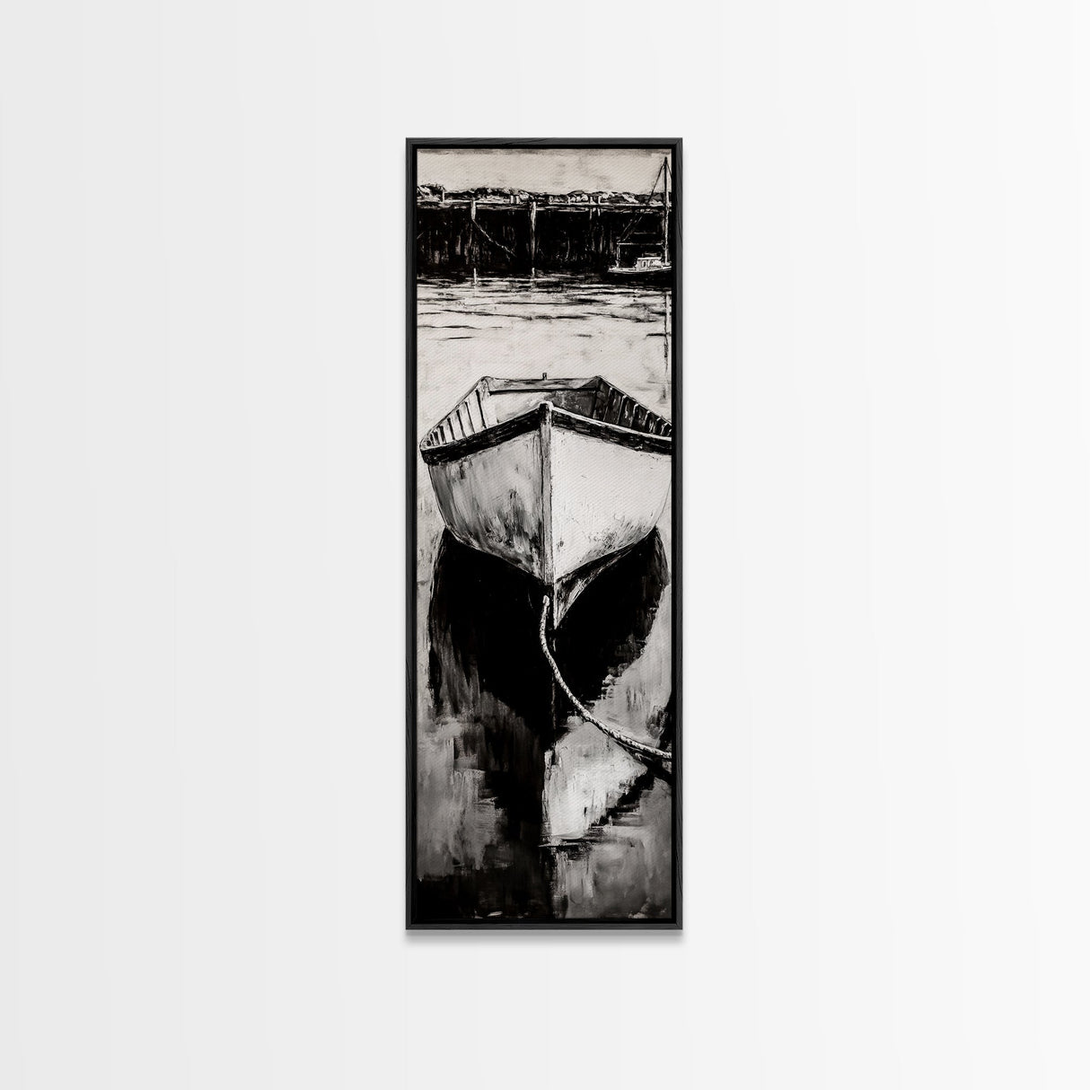 Monochrome Boat Reflection Framed Canvas Print nautical painting moody art coastal wall art nautical wall art gift idea for him