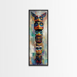 Totem Pole Framed Canvas Print tribal art rustic decor abstract painting blue and green wall art moody art tall narrow art unique wall art