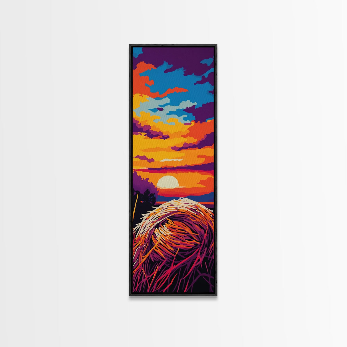 Sunset Hay Bale Framed Canvas Print pink orange wall art rustic decor countryside art barn landscape oil painting warm wall art fall decor