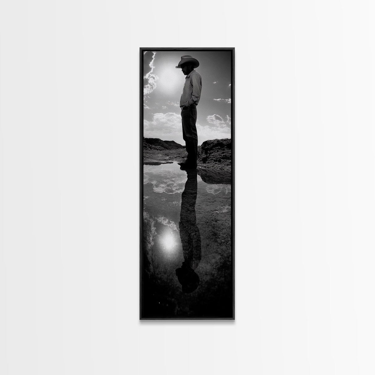 Lone Cowboy, Reflection Photography, Framed Canvas Print, Rustic Art, Moody Wall Art, Extra Wide Art, Southwest Wall Art