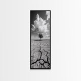 Lone Tree, Cracked Earth, Framed Canvas Print, wabi sabi art, moody art, landscape painting, above bed wall art,minimalist art, extra wide art