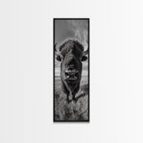 Majestic Bison Close-Up, Framed Canvas Print, rustic wall art, cowboy home décor, wildlife photography, farmhouse art, black and white photography