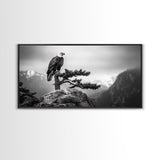 Majestic Bald Eagle, pine tree art, bird art, nature photography, mountain painting, wildlife art, extra wide art, framed canvas print