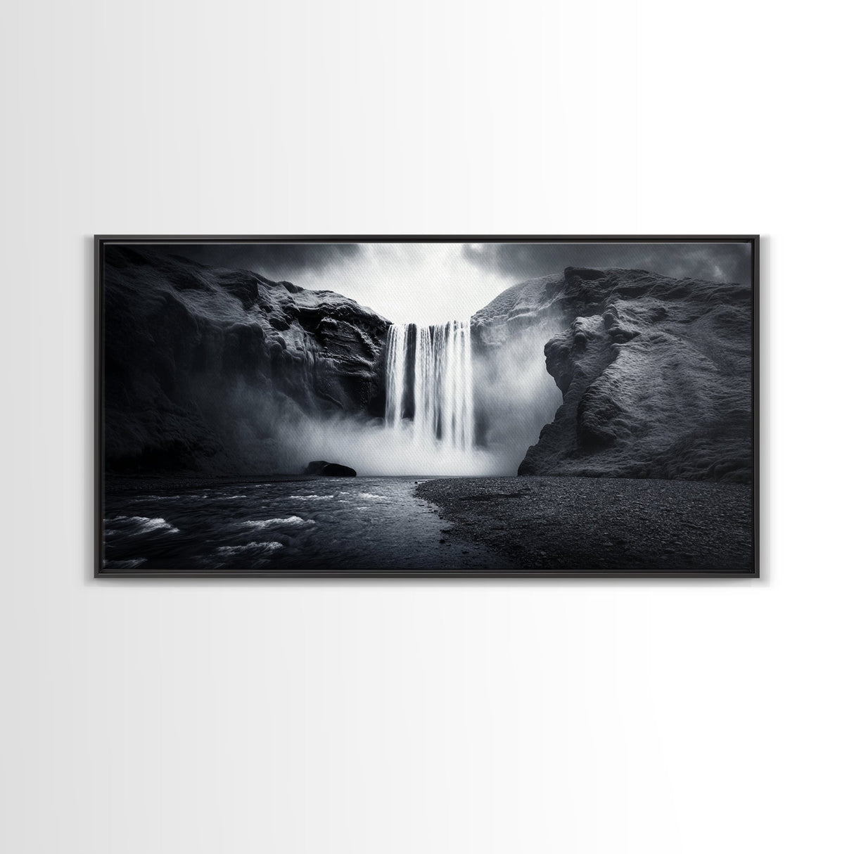 Powerful Waterfall Mist, nature wall art, moody art, mountain painting, black and white photography, dramatic landscape, framed canvas print