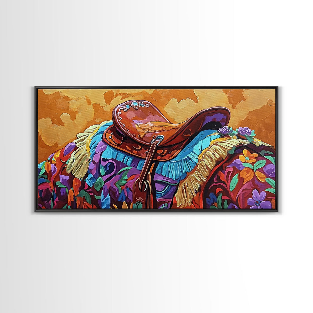 Western Saddle, cowboy art, rustic western decor, saddle painting, framed canvas print, boho art, extra wide art, gift idea him
