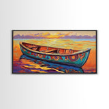Sunset Canoe, seascape painting, coastal painting, nautical wall art, above sofa art, ocean decor, bright colors, Canvas Print