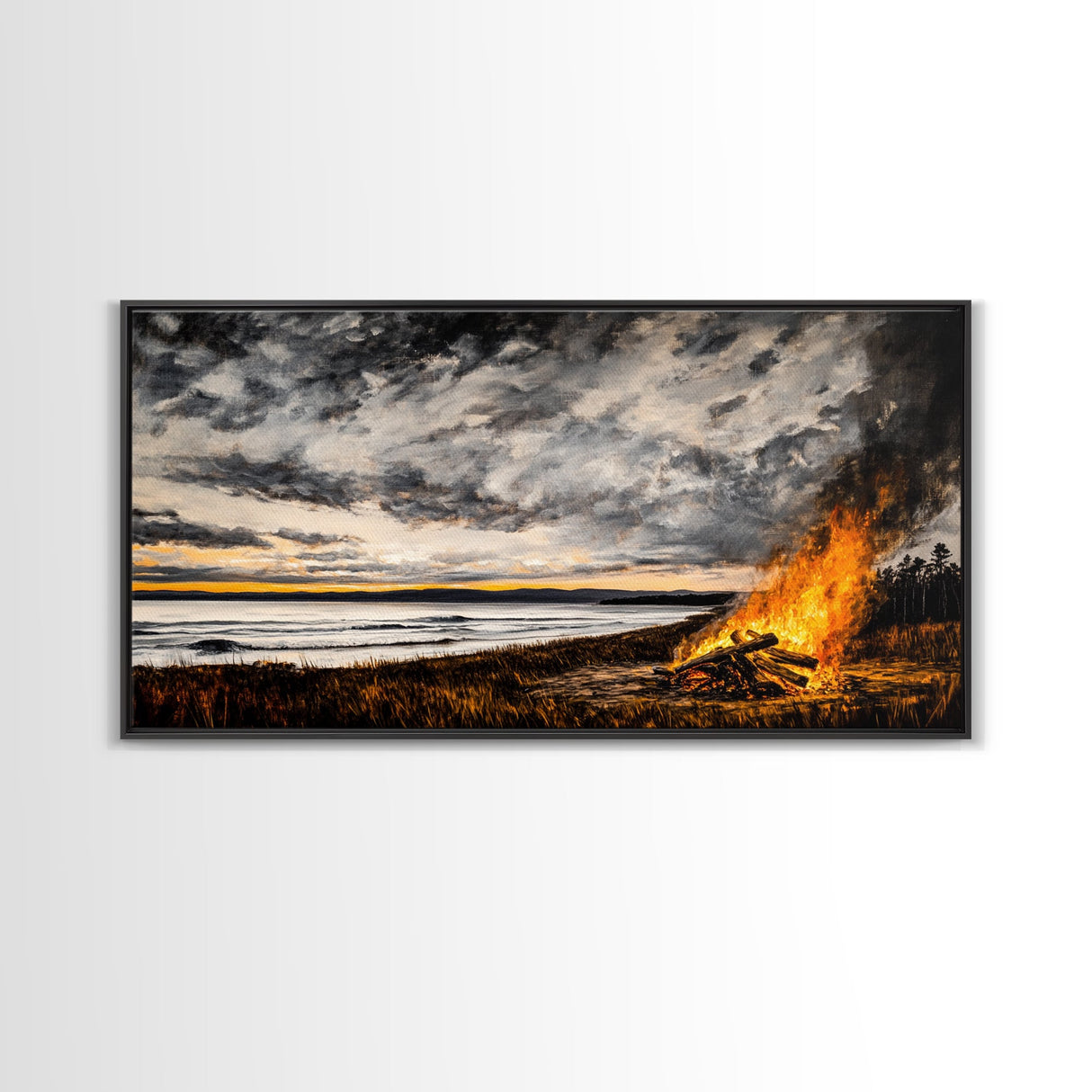 Campfire, forest at dusk painting, smoky mountain art, extra wide art, autumn decor, wabi sabi art, Framed Canvas Print, above couch art
